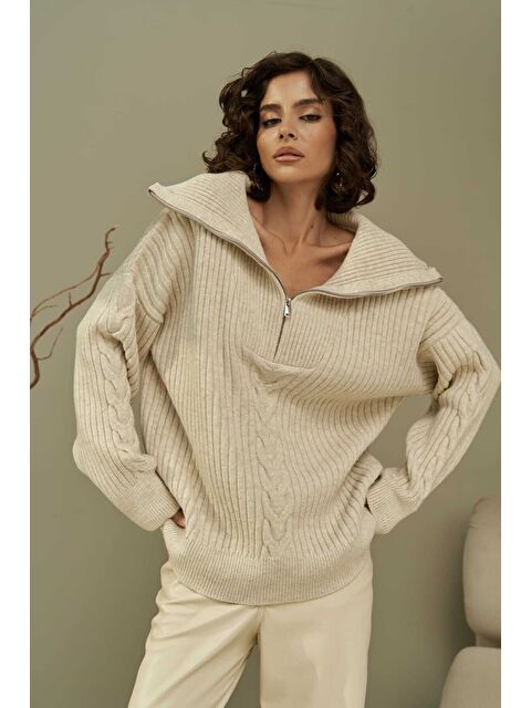 Mai Collection Rika Bej Saç Örgü Fermuarlı Triko Kazak - S000513317-19928