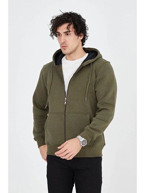 Jane's Erkek Kapüşonlu Düz Fermuarlı Hırka - Yeşil