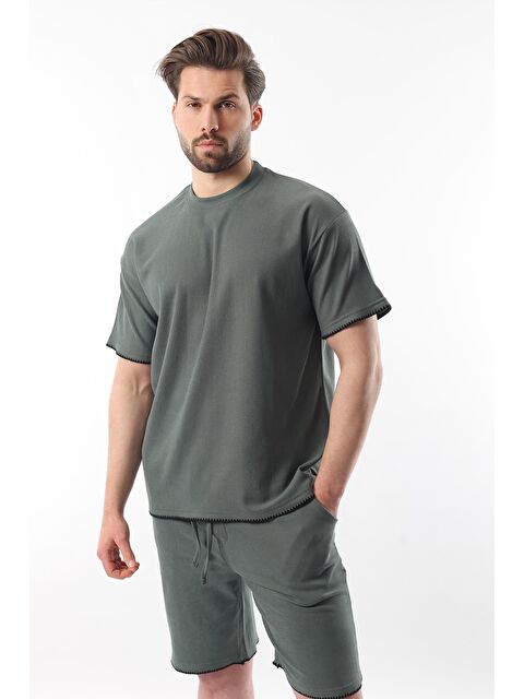 Madmext Haki Nakış Detaylı Erkek Şort Tişört Takım E7305 - S000351396-18547
