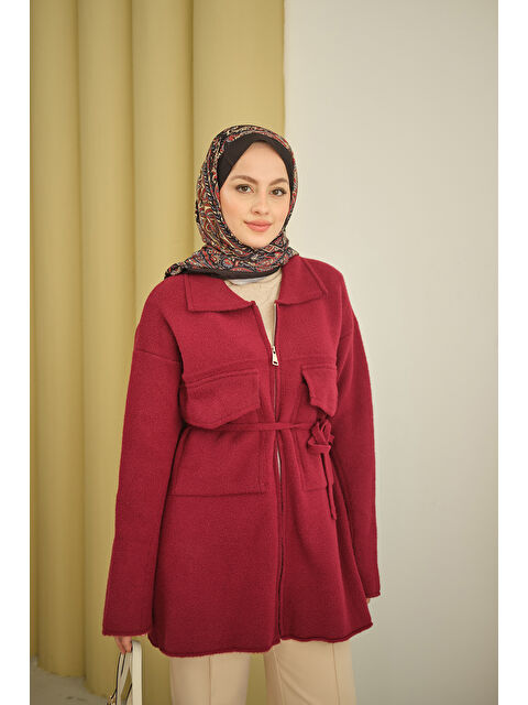 Locco Moda Kadın Cepli Keçe Hırka Bordo - S000492510-19951