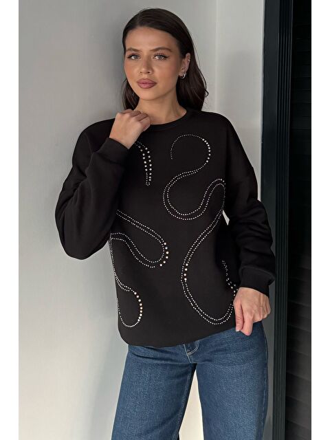 Gülseli Kadın Taşlı Bisiklet Yaka Şardonlu Sweatshirt - S000482924-19351