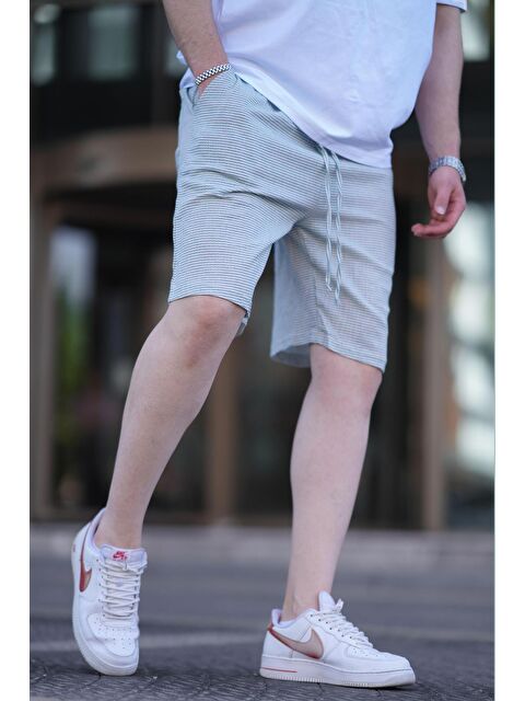 Madmext Mint Yeşili Çizgili Ayarlanabilir Bel Pamuklu Keten Görünümlü Kumaş Kısa Erkek %100 Pamuk Şort 6542 - S000234376-1180