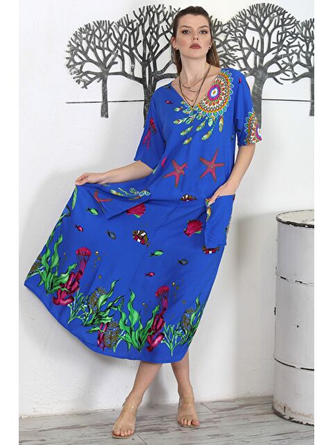 Chiccy Mavi V Yaka Kısa Kol Çift Cepli Allover Baskılı Casual Dokuma Elbise - S000358971-17234