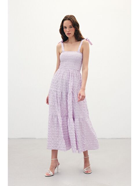 SATEEN Desenli Uzun Elbise - Lila - S000420995-17878
