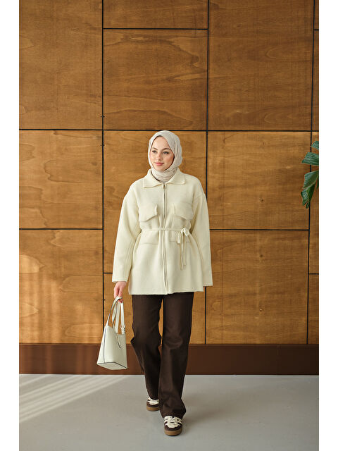 Locco Moda Kadın Cepli Keçe Hırka Krem - S000492510-19966