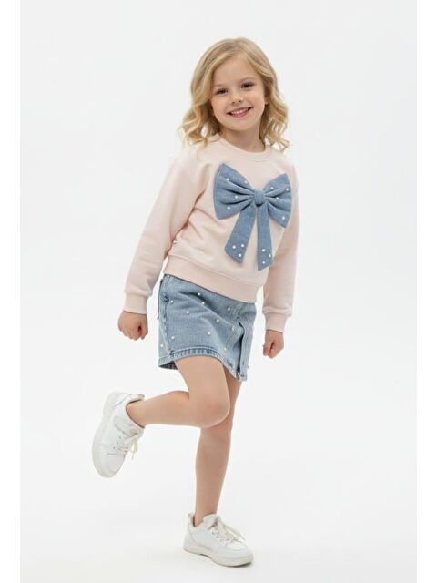 Magu Kız Çocuk Pamuklu Pembe Fiyonklu Sweatshirt Ve İnci Detaylı Jean Etek Takımı - S000503285-37243