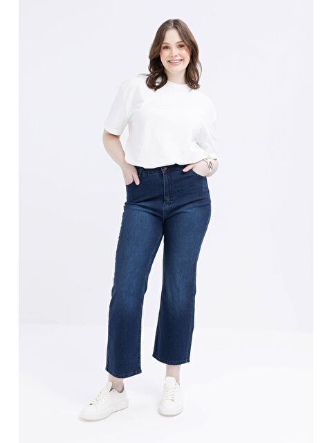 ALLDAY Koyu Mavi-Büyük Beden Elastanlı Boru Paça Denim Pantolon - S000500954-19393