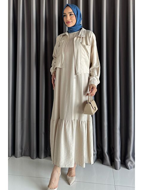 Julude Etek Ucu Fırfırlı Bel Lastikli Hırka Kombinli Tesettür Elbise - S000365184-25636