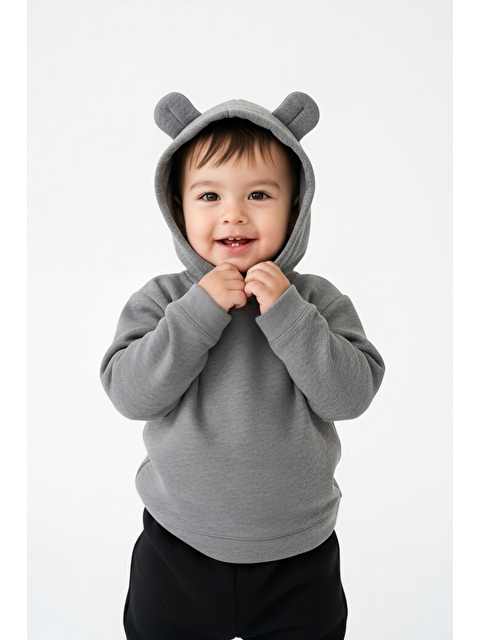 Luess Erkek Çocuk Ayıcık Kulaklı Pamuklu Gri Kapüşonlu Sweatshirt - S000464827-20600
