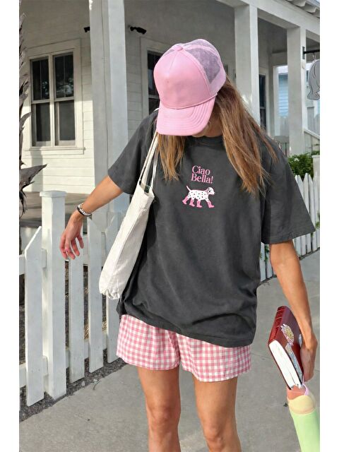 Monila Kadın Premium Kumaş Antrasit Köpek Baskılı Oversize T-Shirt - S000530747-29666
