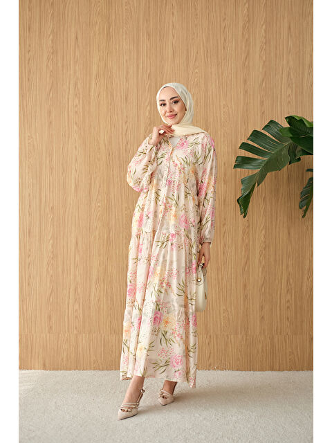 Locco Moda Kadın Gül Desenli Elbise Pembe