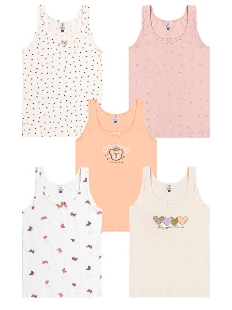 Kompedan 5'li Paket Kız Çocuk Karışık Renkli Desenli Pamuklu Yumuşak Kalın Askılı Atlet | 41600 - S000439885-36