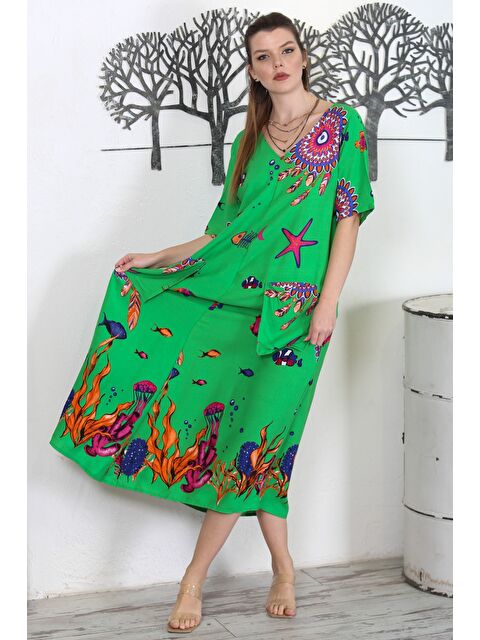 Chiccy Yeşil V Yaka Kısa Kol Çift Cepli Allover Baskılı Casual Dokuma Elbise - S000358971-18194