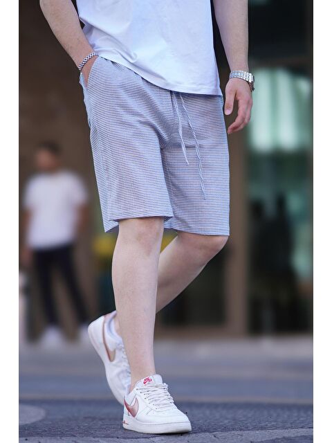 Madmext Mavi Çizgili Ayarlanabilir Bel Pamuklu Keten Görünümlü Kumaş Kısa Erkek %100 Pamuk Şort 6542 - S000234376-17234