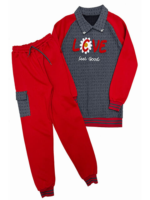 Modanino Kız Çocuk Kargo Cepli Gömlek Yakalı ve Yaka Taşlı 3 İplik Alt Üst Takım 12328 - S000464829-20045