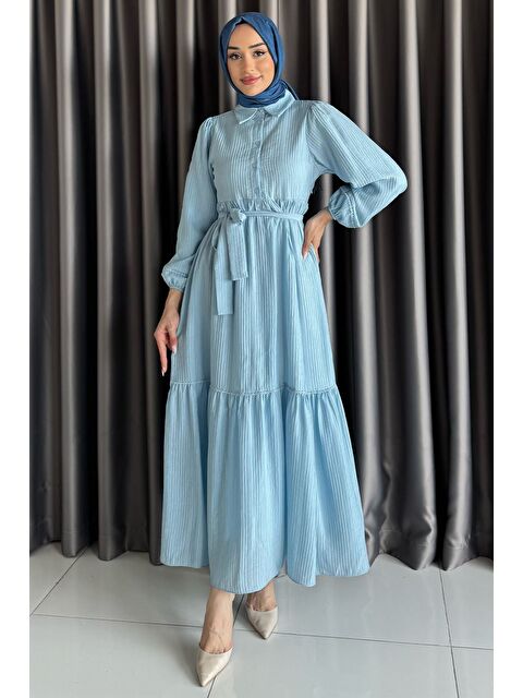 Julude Ön Yarım Düğmeli Pileli Fırfırlı Tesettür Elbise - S000399686-17234