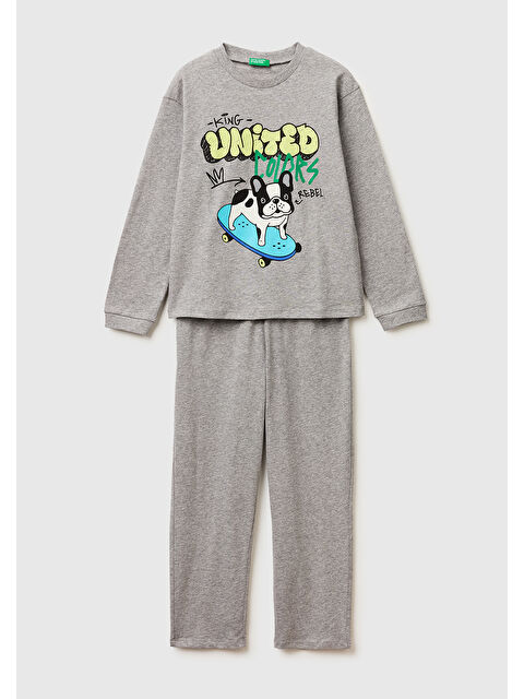United Colors Of Benetton Erkek Çocuk Gri melanj Kabarık Simli Baskılı Uzun Kollu Pijama Takımı
