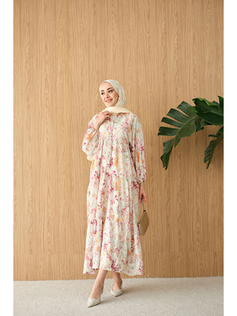 Locco Moda Kadın Vintage Çiçek Desen Elbise Mürdüm