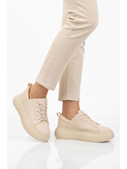 Ayakmod Bej Kalın Taban Bağcıklı Kadın Spor Ayakkabı Termo DV-03 Z - S000464832-19928