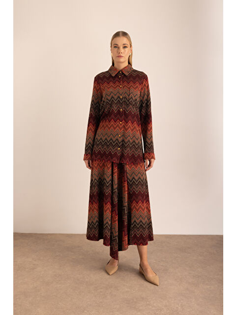 AKER Kahverengi Desenli Simli Verev Kuplu Örme Etek