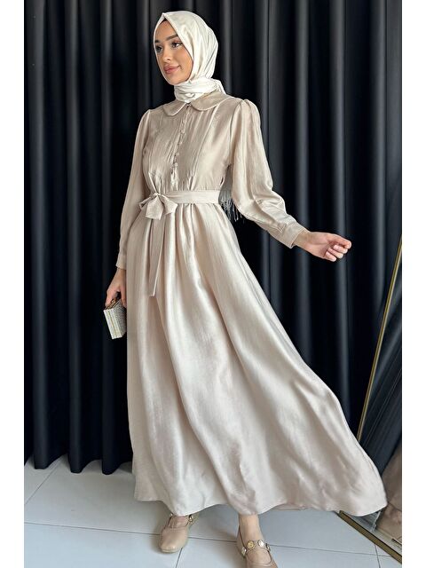 Julude Bebe Yaka Ön Düğme Detaylı Pileli Kuşaklı Tesettür Elbise - S000399691-19928