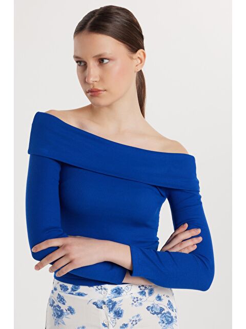 TUDORS Kadın Slim Fit Modal Kumaş Düz Pamuklu Straplez Mavi Bluz - S000521087-17234