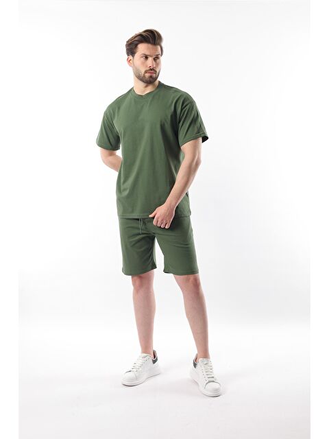Madmext Haki Overfit Baskılı Erkek Şort Tişört %100 Pamuk Takım E7302 - S000351398-18547