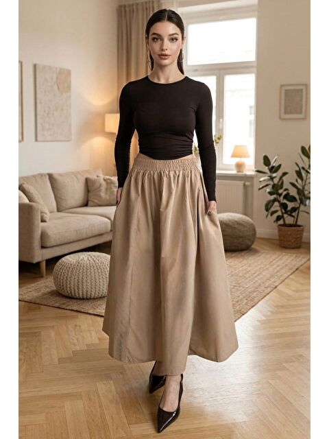 Madmext Bej Beli Lastikli Midi Boy Kadın Etek Mg2616 - S000527520-19928