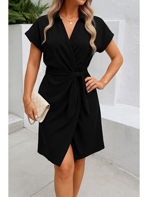 Jane's Kadın Kısa Kollu Yakalı Yandan Bağlamalı Dokuma Elbise - S000528545-19351