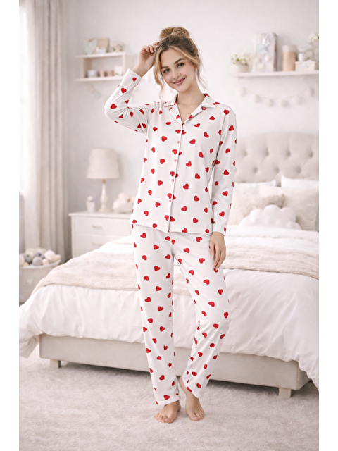 Formo Kadın Kalpli Kaliteli Milan Kumaş Gömlek Yaka Düğmeli Yumuşak Tuşe Pijama Takımı - S000500961-20063