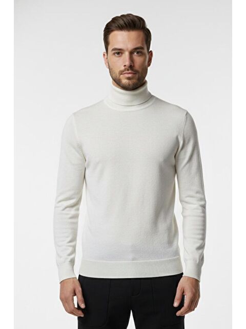 Sabri Özel Ekru Regular Fit Pamuklu Yarım Balıkçı Yaka Erkek Triko Kazak - S000523507-19965