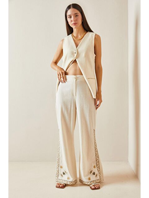 Xhan Bej Nakışlı Bol Paça Keten Pantolon 5YXK5-48875-25 - S000250633-19928