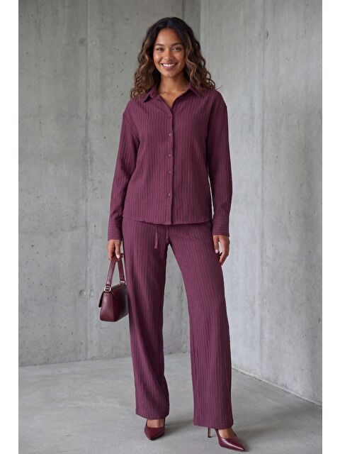 Madmext Mürdüm Çizgili Kadın Gömlek Takım Mg2695 - S000527523-20036