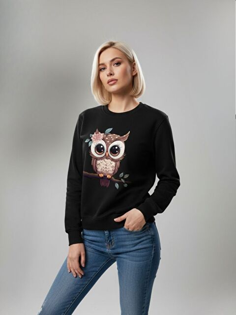 Trendseninle Kadın Siyah Daldaki Kuş Baskılı Oversize Bisiklet Yaka Sweatshirt - S000500965-19351