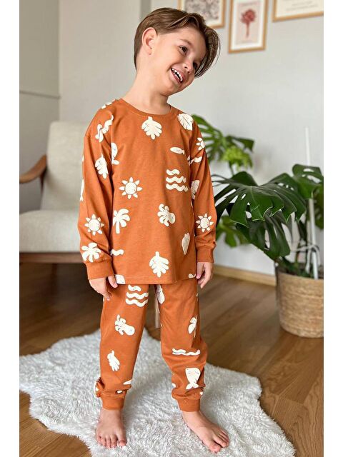 Riccotarz Erkek Çocuk Güneş ve Palmiye Emoji Baskılı Kiremit Pijama Takım - S000290037-18657