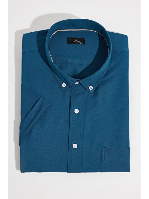TUDORS Erkek Büyük Beden Kısa Kol  Yaka Düğmeli Pamuklu Cepli Düz Petrol Gömlek - S000518848-20019