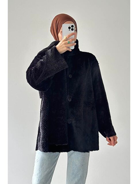 Lamelif Pelüş Atkılı Mont Siyah - S000522585-19351