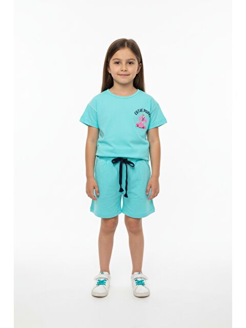 Toontoykids Kız Çocuk 2'li Şortlu Takım Bisiklet Yaka Düşük Omuz Kısa Kollu Baskılı Tişört - Beli Lastikli Bağl