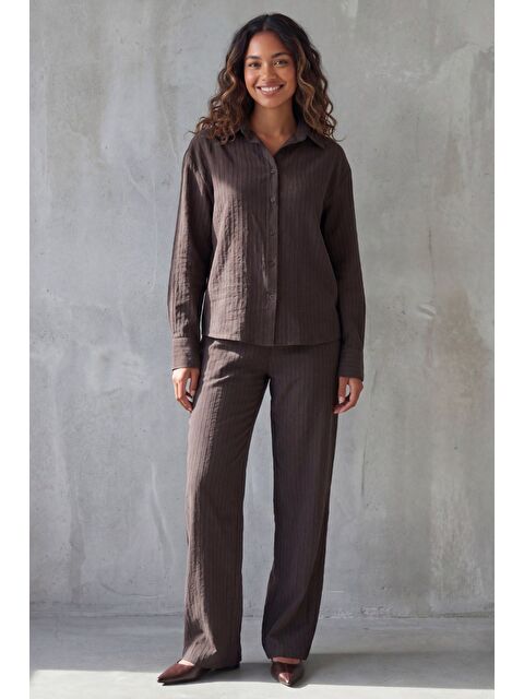 Madmext Acı Kahverengi Çizgili Kadın Gömlek Takım Mg2695 - S000527523-19413