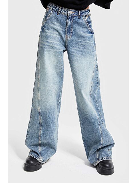 It's Basic Kadın T.Kot Rengi 4W5-32 Wide Leg Baggy Fit Fermuar Aksesuarlı %100 Pamuk Denim Jean - S000423776-17234
