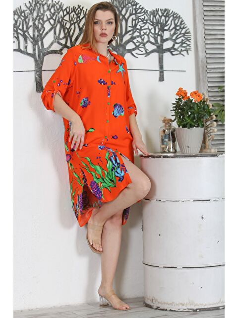 Chiccy Turuncu Gömlek Yaka Düğmeli Uzun Kollu Düğmeli Gizli Cepli Empirme Baskılı Casual Dokuma Elbise - S000358969-20013