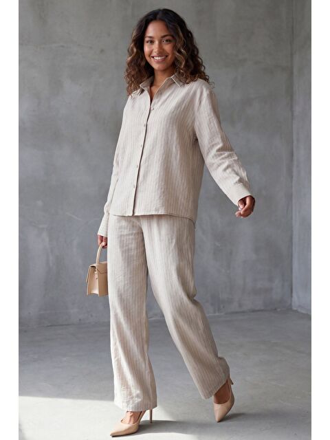 Madmext Taş Rengi Çizgili Kadın Gömlek Takım Mg2695 - S000527523-25636