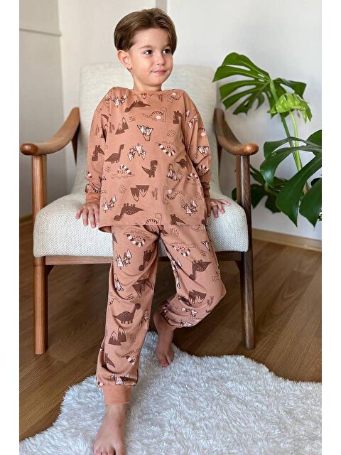 Riccotarz Erkek Çocuk Dinozor ve Ejder Baskılı Kahverengi Pijama Takım - S000290044-19413