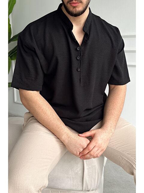 Livio Ferri Soro Erkek Oversize Keten Görünümlü Kısa Kol Hakim Yaka Yarım Pat Gömlek