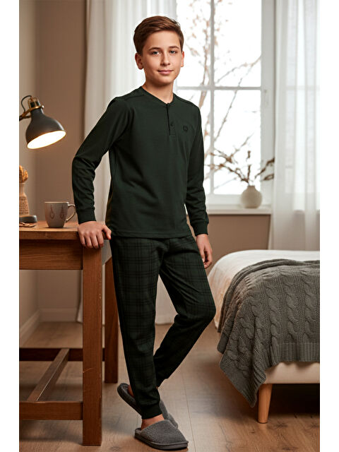 Remsa Erkek Genç Çocuk Pamuk Penye Süprem Pijama Takımı 4212 Koyu Yeşil - S000497551-19416
