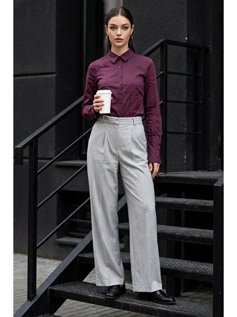 Madmext Gri Çizgili Yüksek Bel Pileli Kadın Kumaş Pantolon Mg2641 - S000527524-20600