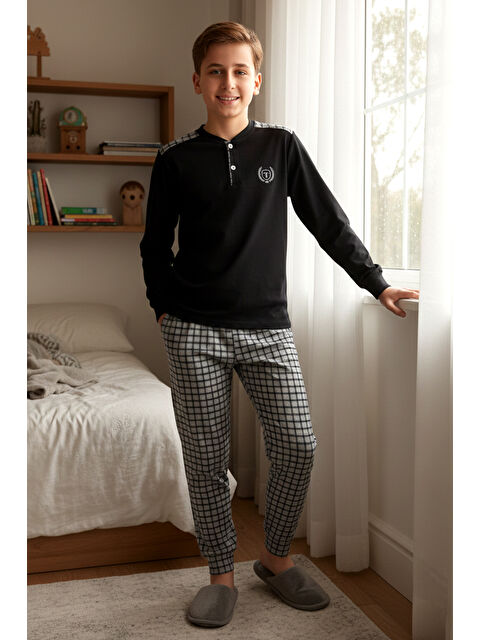 Remsa Erkek Genç Çocuk Pamuk Penye Süprem Pijama Takımı 4204 Siyah - S000497551-19351