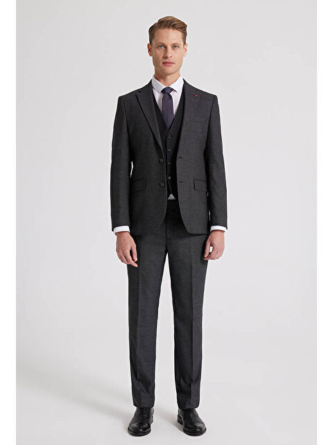 D'S damat Slim Fit Antrasit Armürlü Mono Yaka Tek Yırtmaçlı Astarlı Takim Elbise Kombinli - S000400951-29666
