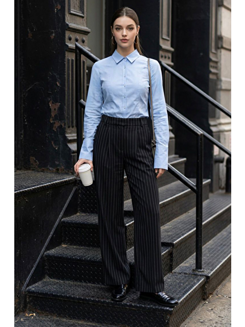 Madmext Siyah Çizgili Yüksek Bel Pileli Kadın Kumaş Pantolon Mg2641 - S000527524-19351