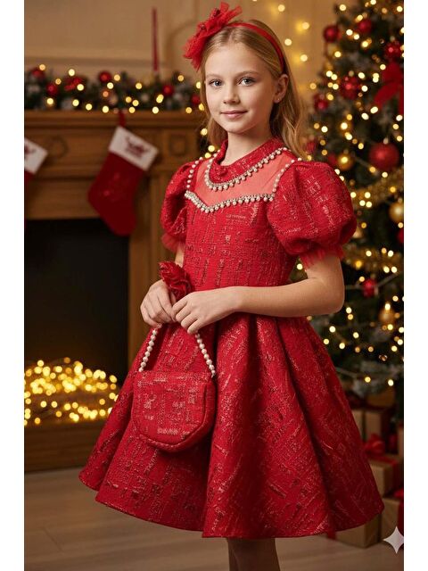 Riccotarz Kız Çocuk Yakası İnci Taş İşlemeli Üzeri Jakar Detaylı Balon Kollu Kabarık Kırmızı Abiye - S000497552-20045